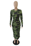 Camouflage Casual Camouflage Print Split Joint O Neck One-piece Suits Dresses