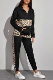Black adult Casual Fashion Two Piece Suits Patchwork Leopard Print pencil Long Sleeve