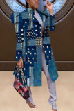 Blue Casual Print With Belt Turndown Collar Outerwear