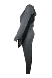 Dark Gray Sexy Solid Tassel Hooded Collar Long Sleeve Two Pieces