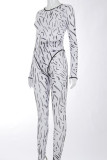 Black And White Casual Print Hollowed Out Patchwork O Neck Long Sleeve Two Pieces
