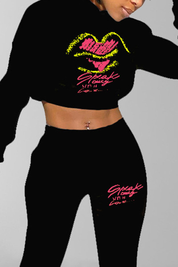 Black Sportswear Print Embroidered Hooded Collar Tops