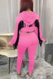 Pink Sexy Solid Tassel Hooded Collar Long Sleeve Two Pieces