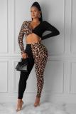 Blue Fashion Sexy adult Patchwork Two Piece Suits Leopard pencil Long Sleeve