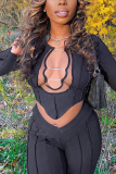 Brown Street Patchwork Hollowed Out See-through O Neck Long Sleeve Two Pieces