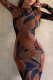 Brown Street Print Patchwork O Neck Pencil Skirt Dresses