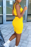 Yellow Sexy Solid Split Joint U Neck Sleeveless Two Pieces