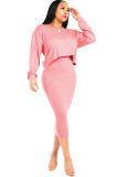 Pink Sexy Two Piece Suits Solid Patchwork pencil Long Sleeve Two-Piece Dress