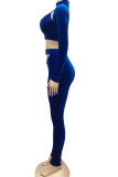 Blue Sexy Solid Hollowed Out Patchwork O Neck Long Sleeve Two Pieces