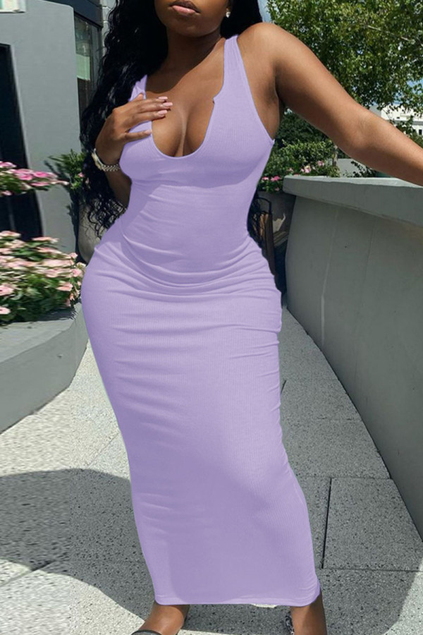 Light Purple Casual Daily Solid Split Joint V Neck A Line Dresses
