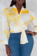 Yellow Sexy Print Bandage Patchwork Mandarin Collar Tops