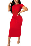 Red Fashion Sexy adult Ma'am Cap Sleeve Short Sleeves O neck Step Skirt Mid-Calf Patchwork Mesh Solid Dresses