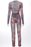 Black Sexy Print Solid Patchwork O Neck Long Sleeve Two Pieces