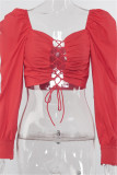 Red Sexy Casual Solid Backless Strap Design Square Collar Tops