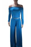 Light Blue Milk Silk Casual Solid Loose Long Sleeve Two-piece Pants Set