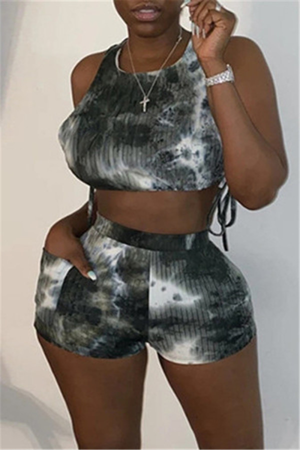 Black Fashion Casual Print Tie-dye O Neck Sleeveless Two Pieces