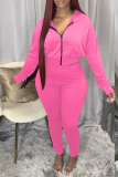 Pink Sexy Solid Tassel Hooded Collar Long Sleeve Two Pieces