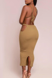 Khaki Sexy Solid Hollowed Out Patchwork Frenulum Backless Spaghetti Strap Sleeveless Two Pieces