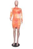 Orange Fashion Sexy Print Tie-dye Fold Half A Turtleneck Long Sleeve Dresses