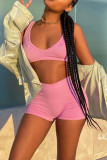 Pink Casual Sportswear Solid Basic U Neck Sleeveless Two Pieces
