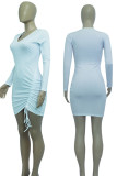 Blue Casual Solid Patchwork Draw String Fold Asymmetrical V Neck Irregular Dress Dresses