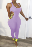 Purple Sexy Patchwork Hollowed Out Square Collar Skinny Jumpsuits