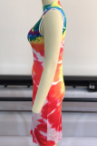 Colour Sexy Patchwork Tie-dye O Neck Pencil Skirt Plus Size Dresses