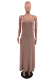 Coffee Sexy Casual Solid Basic V Neck Sling Dress
