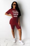 Wine Red Fashion adult Casual Two Piece Suits Patchwork Solid Letter Print Straight Short Sleeve