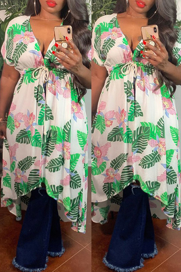 Green Fashion Casual Print Bandage Asymmetrical V Neck Short Sleeve Dress Dresses