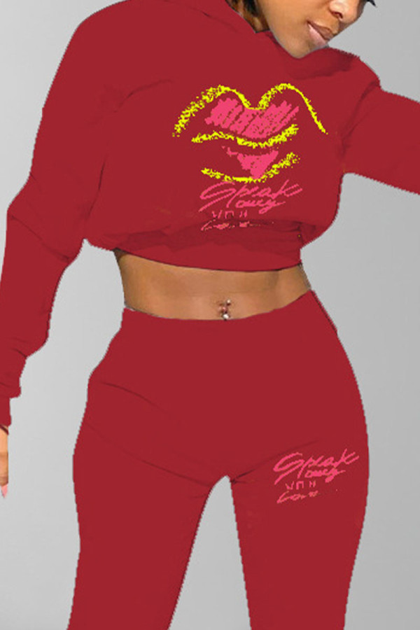 Wine Red Sportswear Print Embroidered Hooded Collar Tops