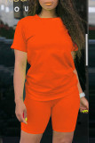 Orange Fashion Casual Solid Basic O Neck Short Sleeve Two Pieces