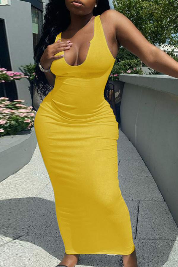 Yellow Casual Daily Solid Split Joint V Neck A Line Dresses