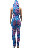 Blue Fashion Casual Butterfly Print Fold Hooded Collar Sleeveless Two Pieces