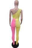 Yellow Fashion Sexy Patchwork Hollowed Out Backless One Shoulder Skinny Jumpsuits