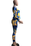 Blue Casual Print O Neck Long Sleeve Two Pieces