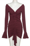 Wine Red Fashion Sexy Solid Draw String V Neck Long Sleeve Dresses