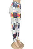 White Casual Print Patchwork Skinny High Waist Pencil Full Print Bottoms