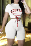 White Sexy Print Draw String O Neck Short Sleeve Two Pieces