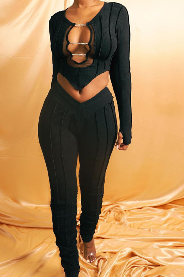 Black Street Patchwork Hollowed Out See-through O Neck Long Sleeve Two Pieces