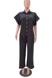 Black Casual Solid Split Joint Turndown Collar Straight Jumpsuits(Without Belt)