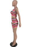 Red Sexy Casual Striped Print Bandage Backless Halter Sleeveless Two Pieces