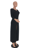 Blue Casual Solid High Opening O Neck Straight Dresses