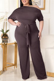 Purple Fashion Casual Solid Backless With Belt Oblique Collar Plus Size Jumpsuits