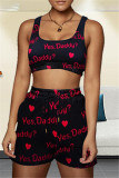 Red Casual Sportswear Print Vests U Neck Sleeveless Two Pieces