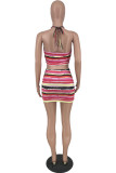 Red Sexy Casual Striped Print Bandage Backless Halter Sleeveless Two Pieces