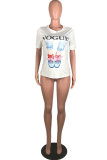 White Casual Print Patchwork O Neck Tops