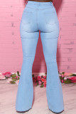 Dark Blue Fashion Casual Solid Ripped Bandage High Waist Regular Jeans