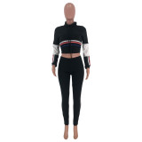 Black Casual adult Fashion Two Piece Suits Patchwork Ribbon Solid Straight Long Sleeve Two-piec