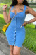 Light Blue Fashion Sexy Solid Buckle Square Collar Sleeveless Denim Dress
